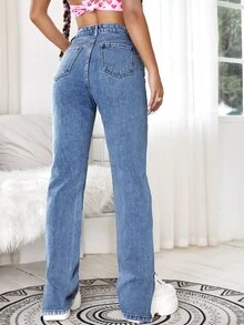 Split Side Zipper Fly Boyfriend Jeans - Medium Wash - View 2