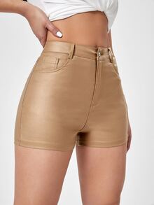 Shorts en mezclilla unicolor de talle alto - Caqui - Ver 6