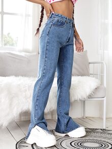 Split Side Zipper Fly Boyfriend Jeans - Medium Wash - View 3
