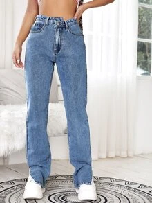 Split Side Zipper Fly Boyfriend Jeans - Medium Wash - View 5