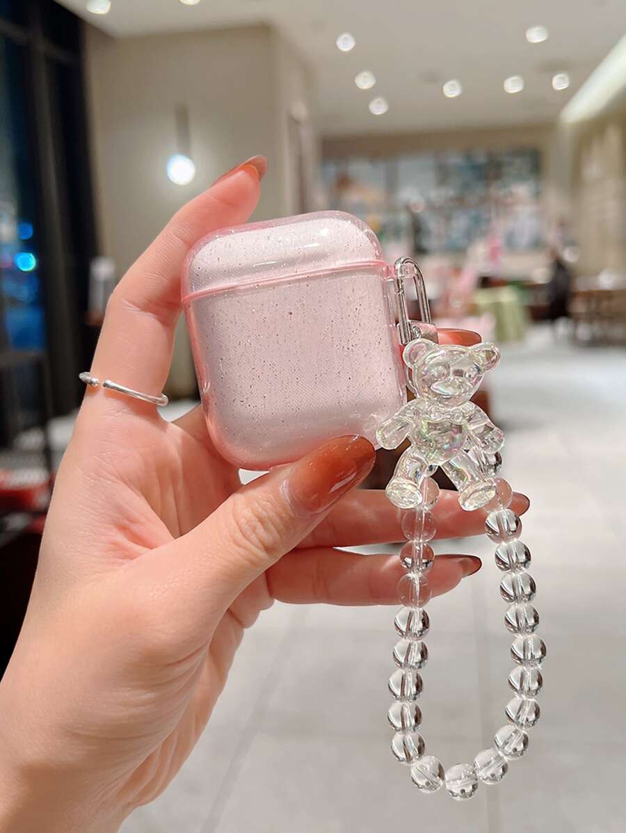 熊鑰匙圈金屬亮絲耳機殼適用於Airpods - 粉色 - 查看 1