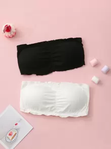 Niñas 2 piezas Sujetador ribete en forma de lechuga fruncido - Blanco y Negro - Ver 1