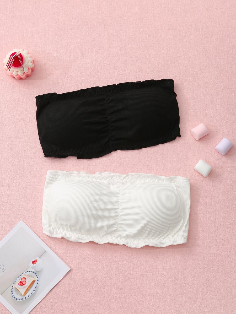 Niñas 2 piezas Sujetador ribete en forma de lechuga fruncido - Blanco y Negro - Ver 1