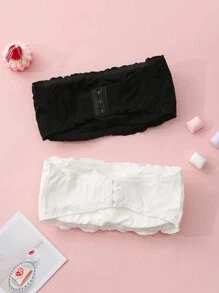 Niñas 2 piezas Sujetador ribete en forma de lechuga fruncido - Blanco y Negro - Ver 2