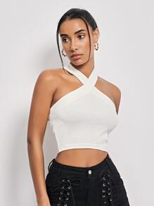 Muchica 再生滌2入組素色交叉掛脖上衣 - 黑與白 - 查看 6