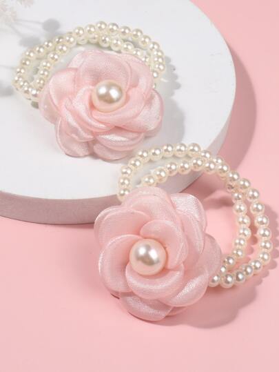 2pcs Flower & Pearl Decor Hair Ties For Girls, White Pearl Elastic Hair Tie For Braids & Black Hair Accessories For Bun, Suitable For Daily Life Or Vacation