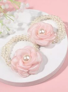 2 Piezas Lazos Decorativos Para El Cabello Con Flores Y Perlas Para Niñas, Hebilla Elástica Con Perla Blanca Para Trenzas Y Accesorios Para Moño, Adecuados Para Vida Diaria O Vacaciones