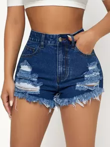 SHEIN PETITE High Waist Ripped Raw Trim Denim Shorts - Dark Wash - View 3