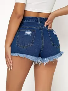 SHEIN PETITE High Waist Ripped Raw Trim Denim Shorts - Dark Wash - View 2