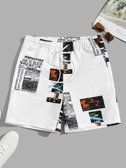Guys Slogan Graphic Drawstring Shorts