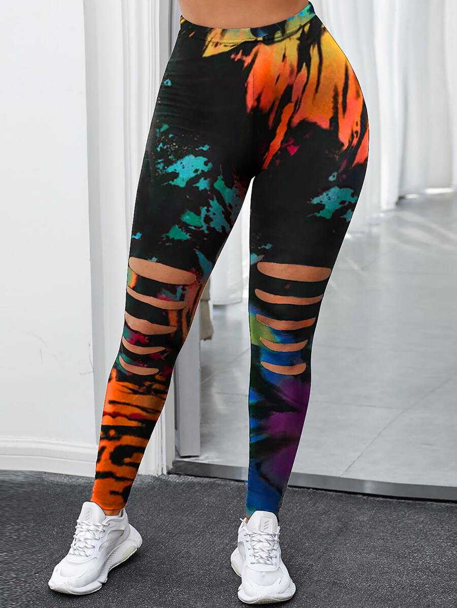 SHEIN SXY Ladder Cut Elastic Waist Leggings - Multicolor - View 1