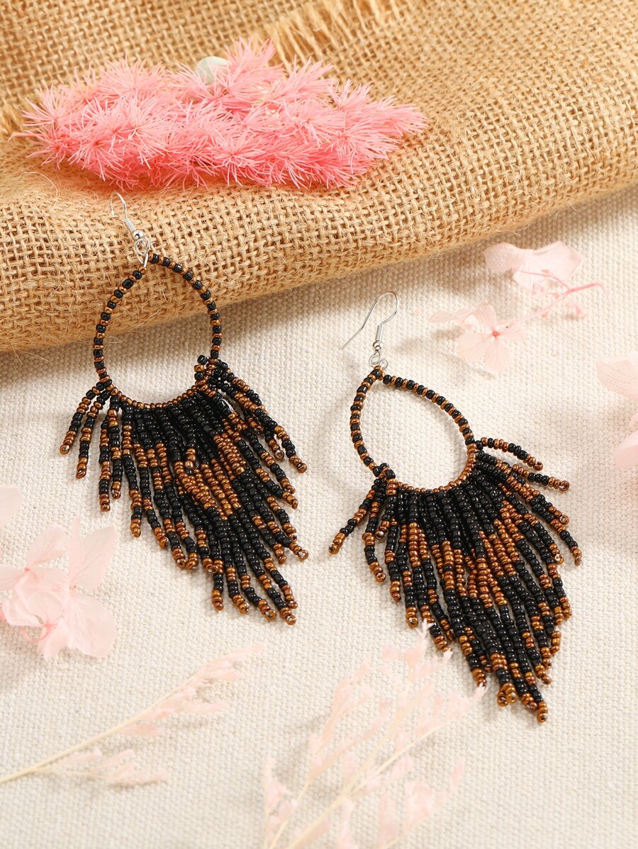 Bead Tassel Drop Earrings - Black - View 1