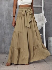 Breezaya Shirred Waist Tie Front Ruffle Hem Wide Leg Trousers - Khaki - View 1