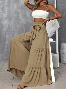 Breezaya Shirred Waist Tie Front Ruffle Hem Wide Leg Trousers - Khaki - View 5