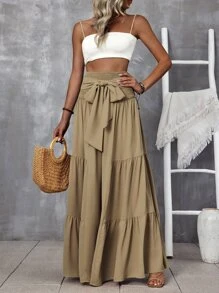 Breezaya Shirred Waist Tie Front Ruffle Hem Wide Leg Trousers - Khaki - View 6