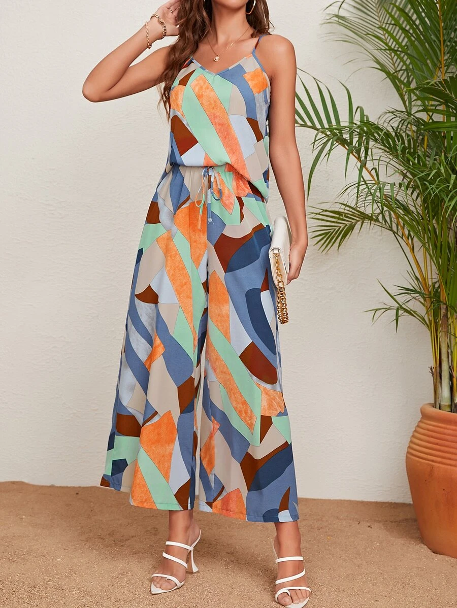 SHEIN VCAY 幾何印花吊帶上衣和前繫帶闊腿褲 - 彩色 - 查看 1