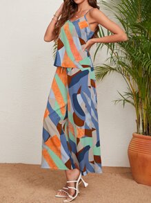 SHEIN VCAY 幾何印花吊帶上衣和前繫帶闊腿褲 - 彩色 - 查看 5
