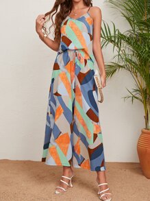 SHEIN VCAY 幾何印花吊帶上衣和前繫帶闊腿褲 - 彩色 - 查看 6