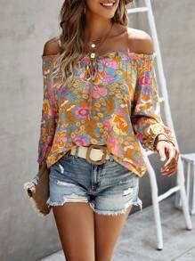 Breezaya Floral Print Off Shoulder Lantern Sleeve Knot Front Blouse - Orange - View 4
