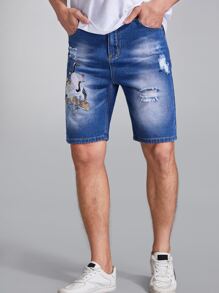 Manfinity 男士仙鶴刺繡漂白水洗破洞抽鬚牛仔短褲 - 中等水洗藍 - 查看 1
