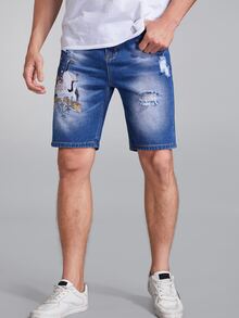 Manfinity 男士仙鶴刺繡漂白水洗破洞抽鬚牛仔短褲 - 中等水洗藍 - 查看 3