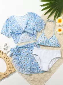 Tween Girl 4packs Floral Print Bikini Set & Cover Up Summer Beach - Blue and White - View 1