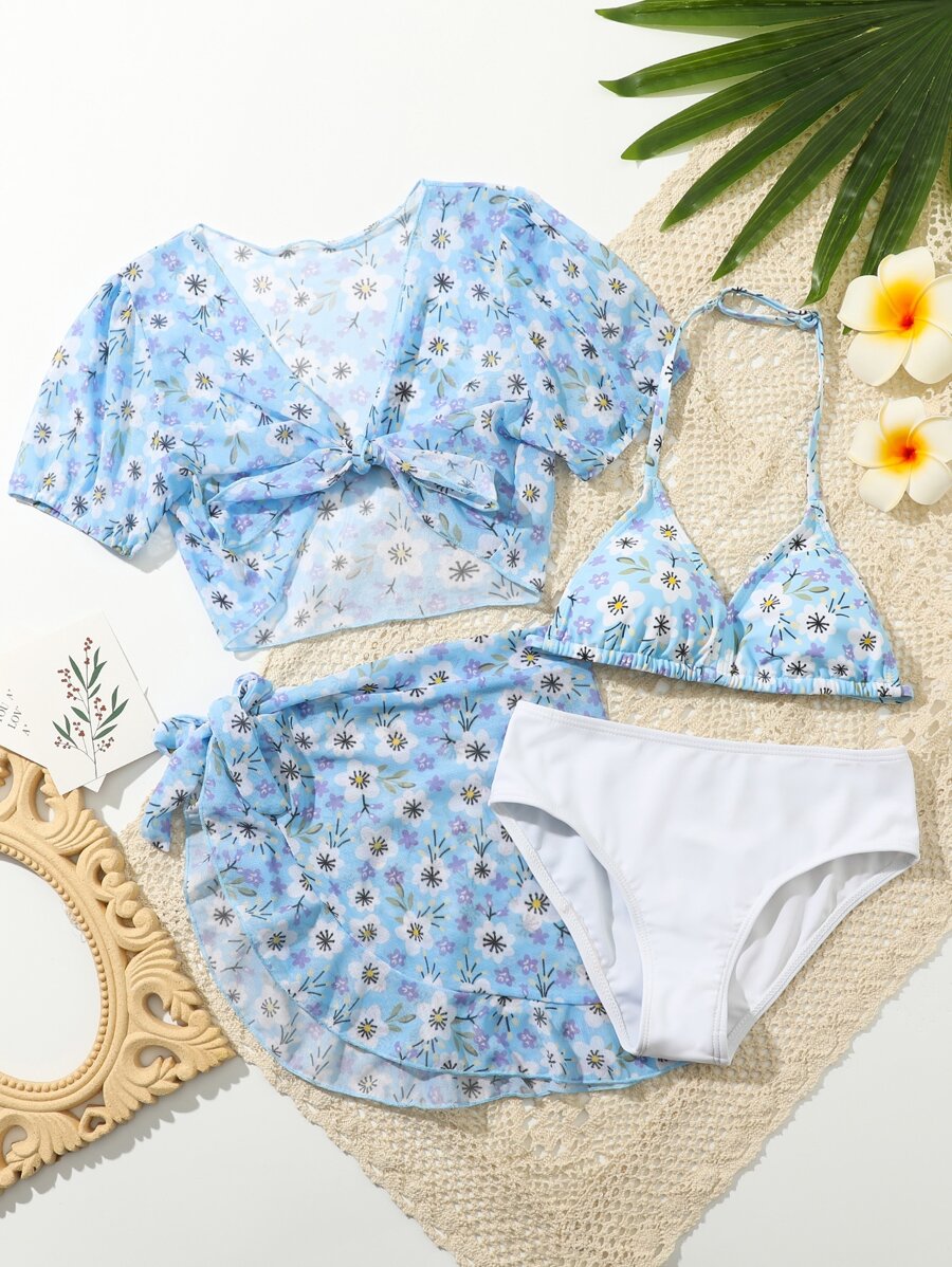 Tween Girl 4packs Floral Print Bikini Set & Cover Up Summer Beach - Blue and White - View 1