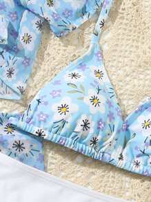 Tween Girl 4packs Floral Print Bikini Set & Cover Up Summer Beach - Blue and White - View 3