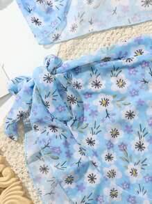 Tween Girl 4packs Floral Print Bikini Set & Cover Up Summer Beach - Blue and White - View 4