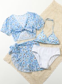 Tween Girl 4packs Floral Print Bikini Set & Cover Up Summer Beach - Blue and White - View 5