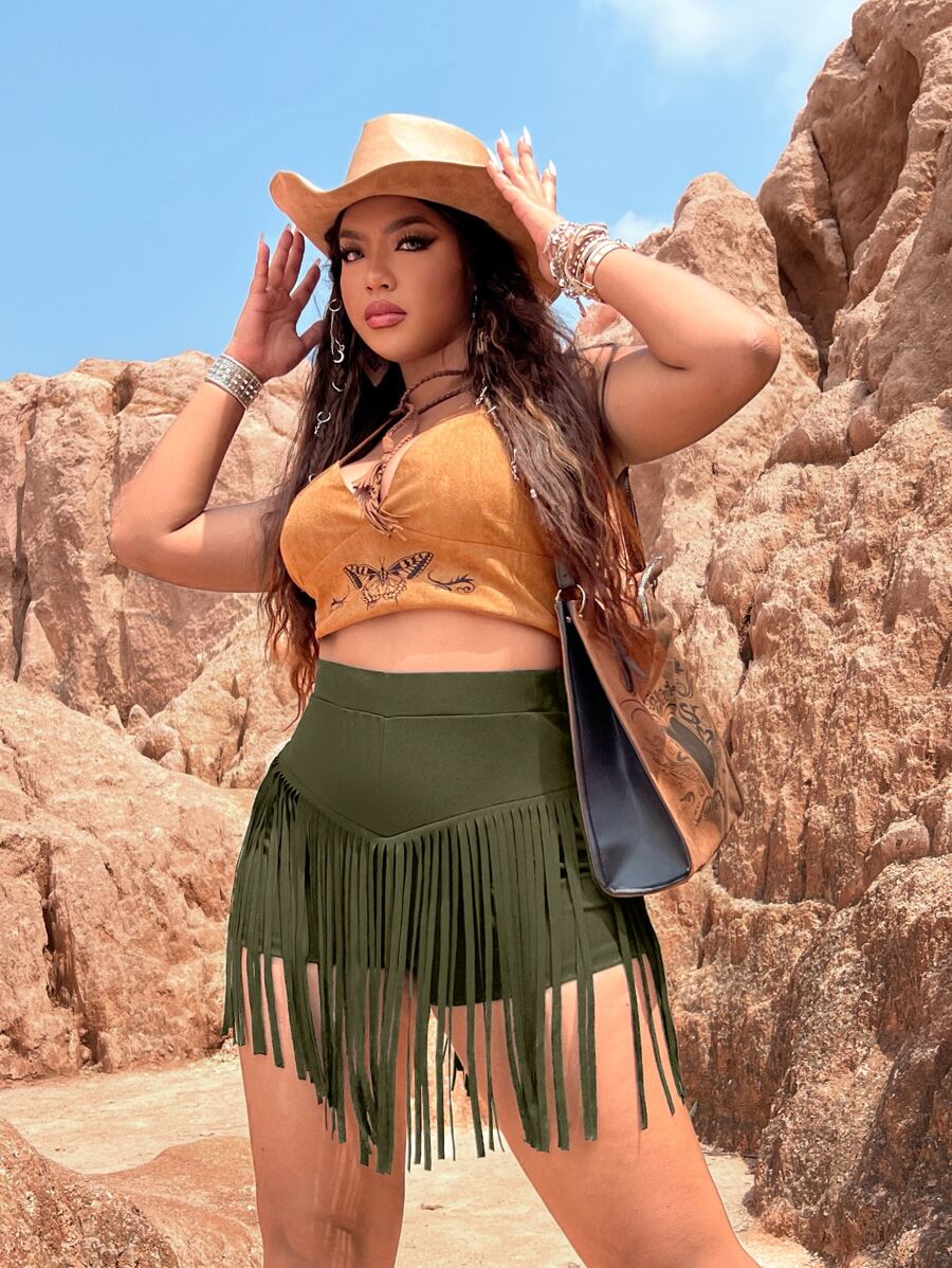 SHEIN Holidaya 大碼流蘇高腰短褲 - 軍綠色 - 查看 1