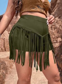 SHEIN Holidaya 大碼流蘇高腰短褲 - 軍綠色 - 查看 5