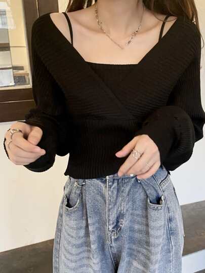 Suéter sólido de 2 en 1 con solapa, parte superior de manga larga