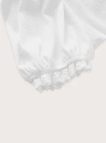 Muchica 拼接網眼刺繡泡泡袖前蝴蝶結短款T恤 - 白色 - 查看 3
