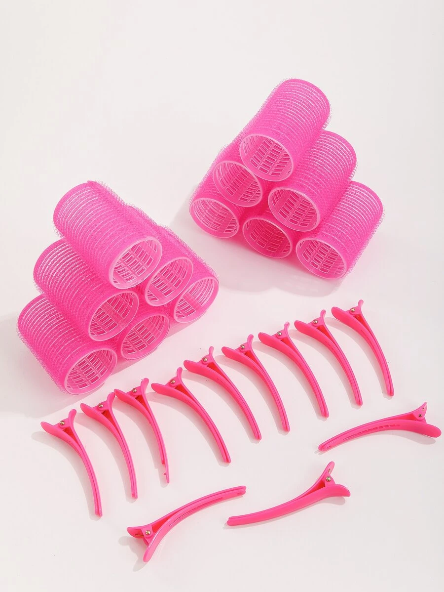 12 con lăn uốn tóc tự dính & 12 kẹp tóc salon - Màu Hồng Tươi - Xem 1