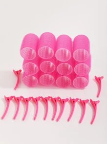 12 con lăn uốn tóc tự dính & 12 kẹp tóc salon - Màu Hồng Tươi - Xem 2