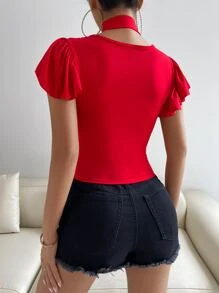 Chiquease Áo nữ Hội Chữ thập Cắt ra màu trơn Gợi cảm - Đỏ - Xem 2