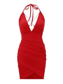 Chain Criss Cross Ruched Wrap Hem Tie Backless Halter Dress - Burgundy - View 1