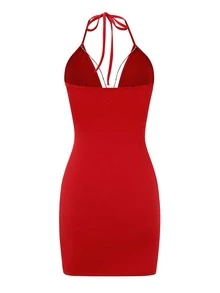 Chain Criss Cross Ruched Wrap Hem Tie Backless Halter Dress - Burgundy - View 2
