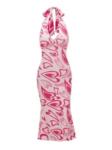Heart Print Tie Backless Halter Dress - Pink - View 1