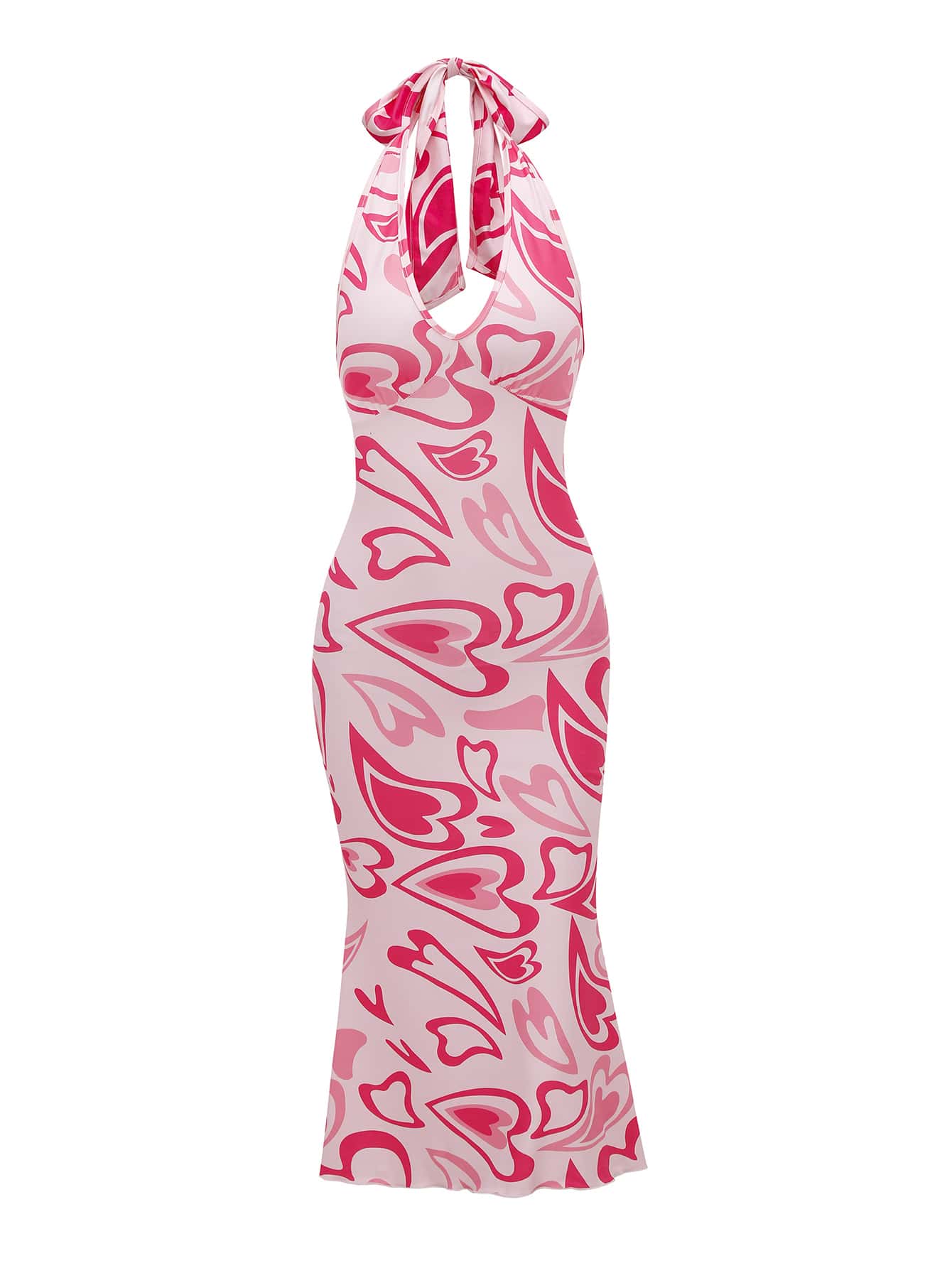 Heart Print Tie Backless Halter Dress - Pink - View 1