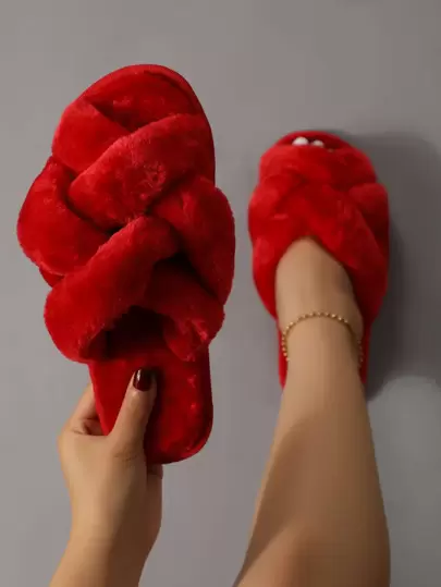Fall/Winter Women's Fashionable Solid Color Bedroom Slippers With Crossed Straps, Red,Halloween,Christmas,Fluffy Slippers,New Year Outfits