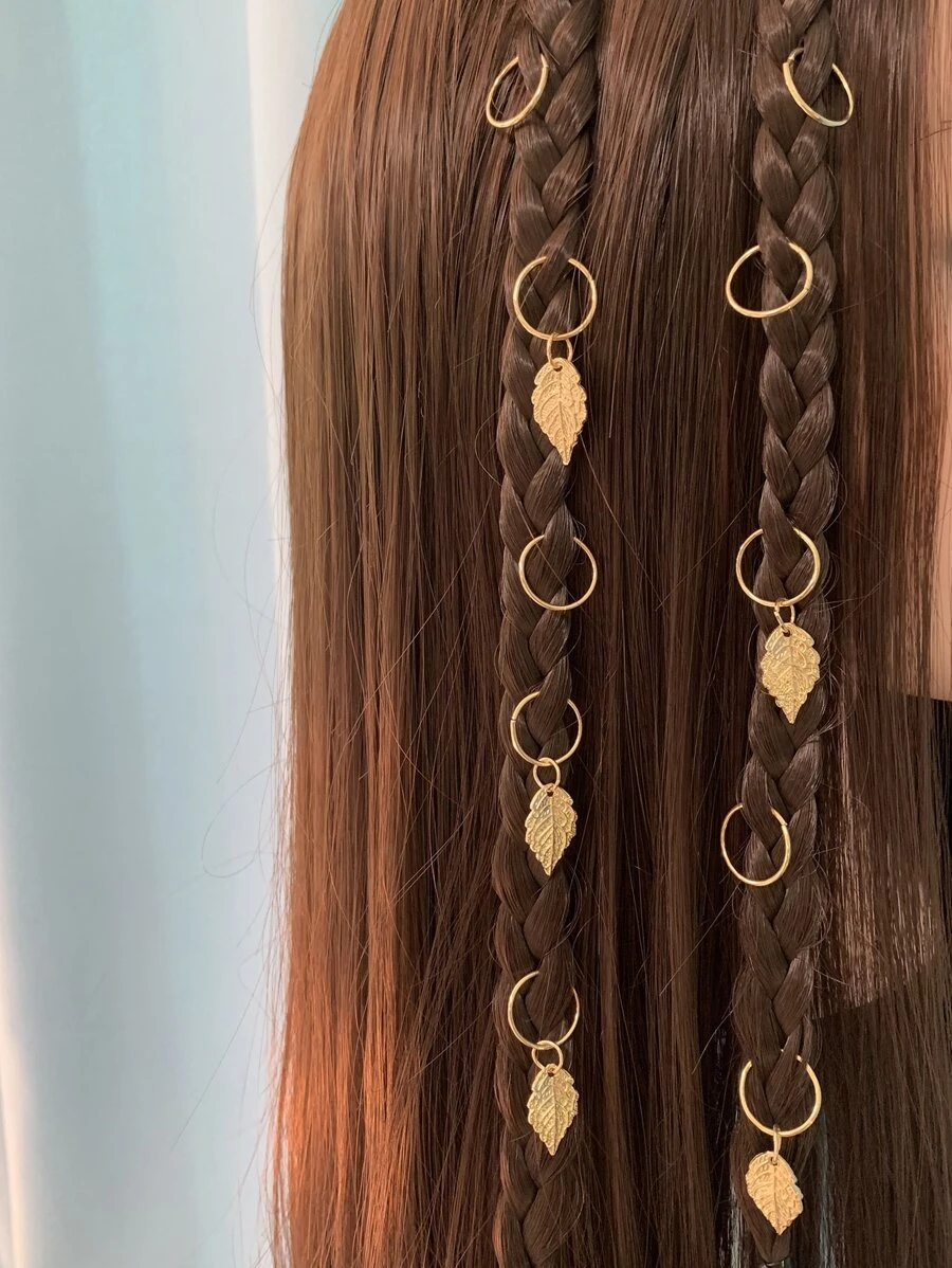 10pcs Leaf Charm Hair Ring Boho - Gold - View 1