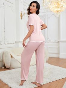 Contrast Binding Ribbed Knit PJ Set