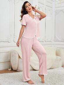 Contrast Binding Ribbed Knit PJ Set