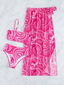 Swim Vcay 漩渦圖案比基尼套裝吊帶文胸和高腰下裝和沙灘裙3入組泳衣 - 彩色 - 查看 6