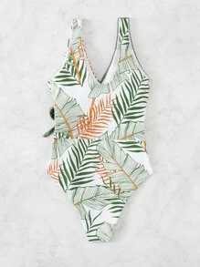 SHEIN Swim Summer Beach Leaf Print Ruched Knot Front One Piece Swimsuit - Multicolor - View 6