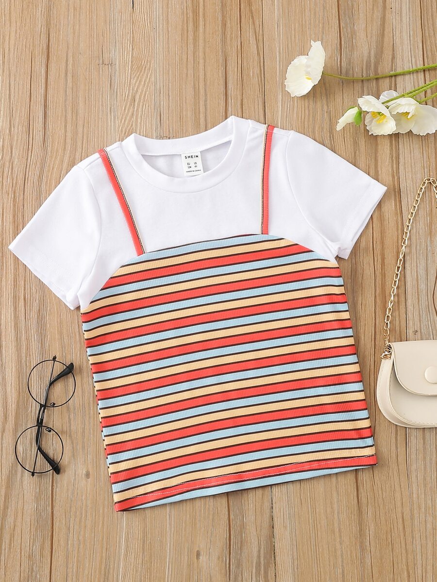 Niñas Camiseta 2 en 1 de rayas combinadas