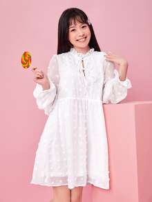 SHEIN Frenchy 圓點前打結荷葉袖娃娃裙 - 白色 - 查看 3