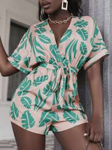 Zolique Leaf Print Batwing Sleeve Keyhole Back Belted Romper - Apricot - View 1